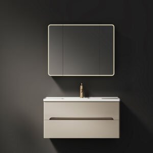 Double Drawer Solid Wood Bathroom Cabinet Smart Mirror White Beauty Refrigerator with Ceramic Basin Washbasin Combination