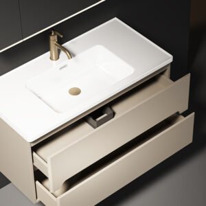 Alternative view of Double Drawer Solid Wood Bathroom Cabinet Smart Mirror White Beauty Refrigerator with Ceramic Basin Washbasin Combination