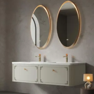 Alternative view of French cream-style bathroom cabinet, natural stone countertop, bathroom storage cabinet bathroom vanity