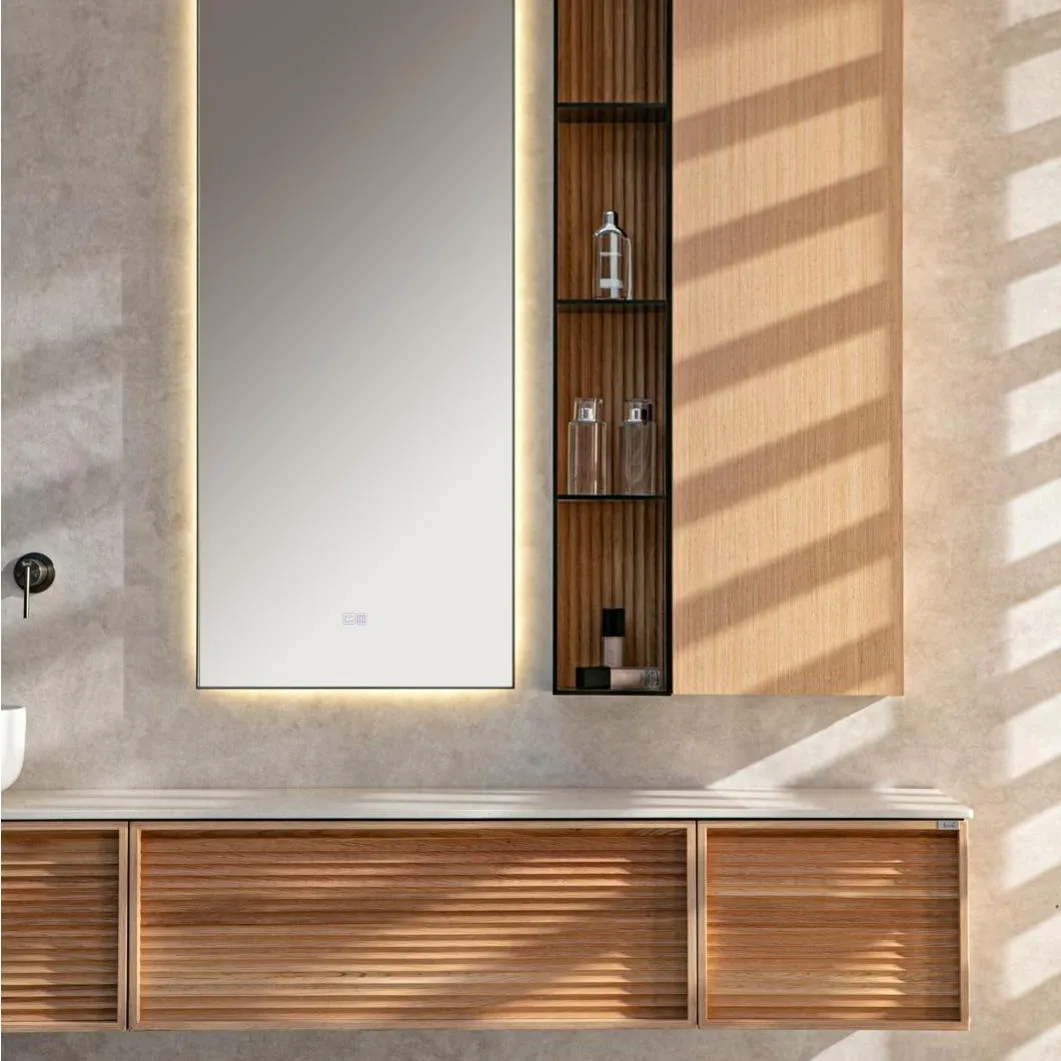 Japanese-style yellow wood veneer bathroom cabinet, natural marble countertop bathroom shelf bathroom vanity