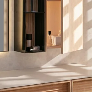 Alternative view of Japanese-style yellow wood veneer bathroom cabinet, natural marble countertop bathroom shelf bathroom vanity