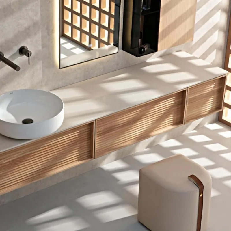 Japanese-style yellow wood veneer bathroom cabinet, natural marble countertop bathroom shelf bathroom vanity - Image 3