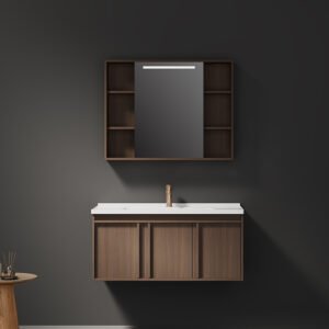 Mid-Ancient Style Ceramic Integrated Basin Walnut Wood Bathroom Washbasin Cabinet with Painted Shower Mirror Door Panel