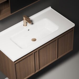 Alternative view of Mid-Ancient Style Ceramic Integrated Basin Walnut Wood Bathroom Washbasin Cabinet with Painted Shower Mirror Door Panel