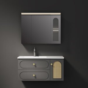 Modern Design New Arrival Rattan Doors Bathroom Vanities Wall Mounted with Smart LED Mirror Cabinet