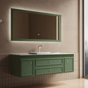 Alternative view of Modern green bathroom cabinet with natural stone countertop and bathroom storage cabinet bathroom vanity