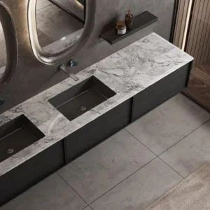 Alternative view of Modern style black wood veneer bathroom cabinet natural marble countertop bathroom shelf bathroom vanity