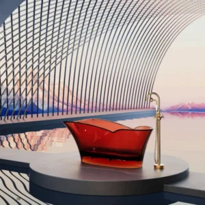 European Modern Curved Transparent Red Resin Freestanding Solid Surface Soaking Bathroom Bath Tub for Hotels Villas Drainer Bathtubs