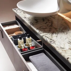 Alternative view of Walnut wood grain bathroom cabinet natural marble countertop stone bathroom washbasin Storage cabinet bathroom vanity