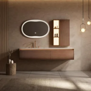 Bathroom vanity Wood grain bathroom cabinet natural marble countertop stone bathroom washbasin and mirror cabinet