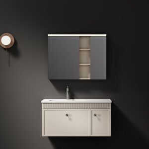 Wooden Wall Bathroom Lighting Vanities Cabinet With Sink LED Mirror Modern Washing Ceramic Basin Bath Vanity Set Wholesale Price