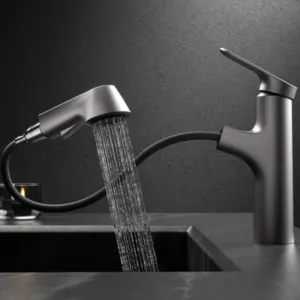 New Modern Single Handle Gun Grey Basin Mixer Sink Faucet With Pull Out Sprayer