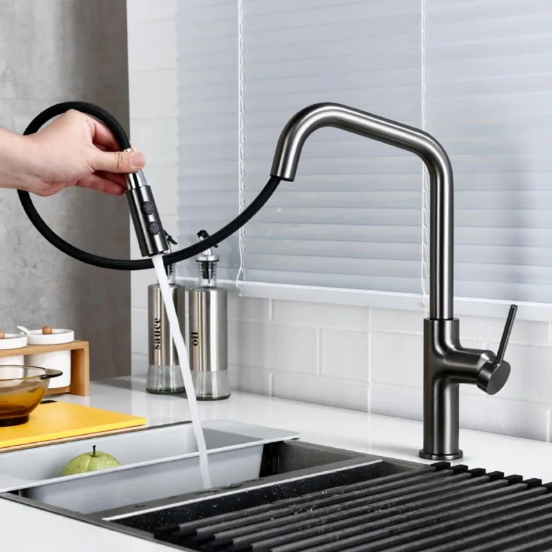 Popular Style Single Handle One Hole SS 360 Degree Rotation Faucet Pull Out Extendable Kitchen Mixer Tap