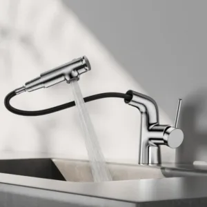 Single Handle Pull-out 4 Mode Washbasin Faucet with Ceramic Valve Core Deck Mounted Modern Design for Bathroom Use