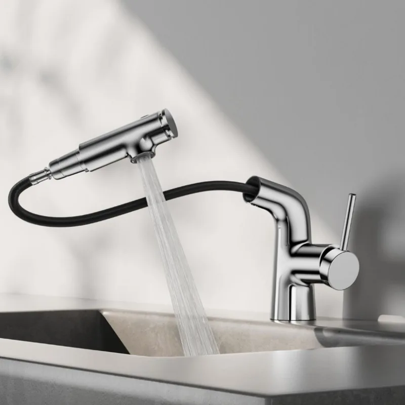 Single Handle Pull-out 4 Mode Washbasin Faucet with Ceramic Valve Core Deck Mounted Modern Design for Bathroom Use